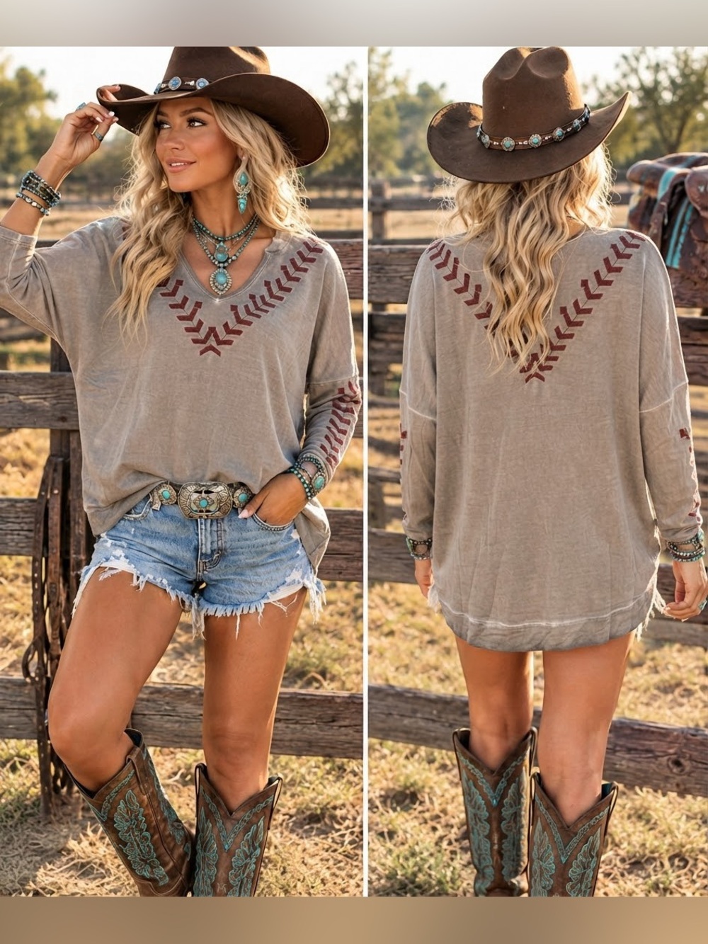 $89 NWOT POL Southwestern Embroidered V-Neck Raw Hem Top - Small